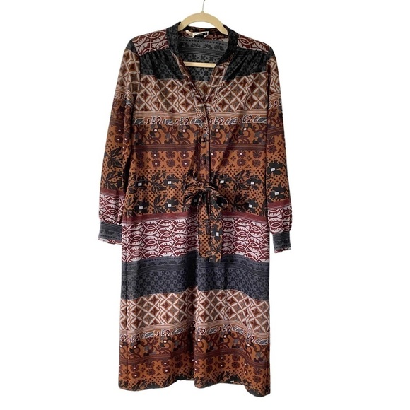 Vintage Dresses & Skirts - Vintage Geometric Floral Print Dress Brown Black Retro‎ 60s 70s Womens Medium